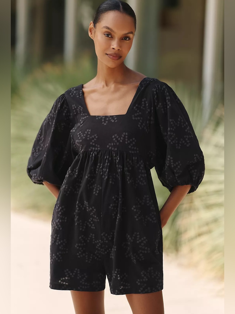 Celandine Puff-Sleeve Cotton Romper